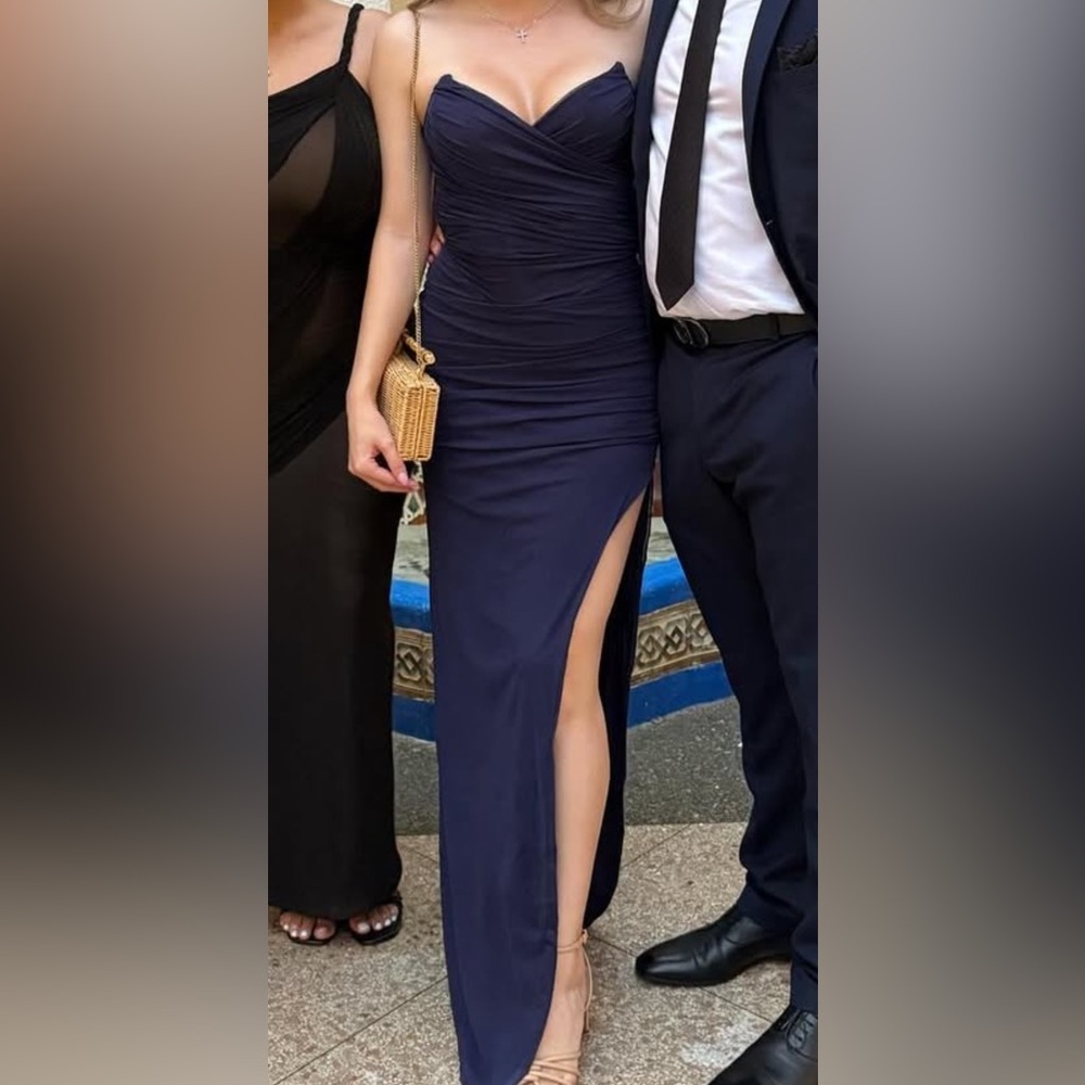 Strapless Navy Ruched Evening Dress - Picture 9 of 9